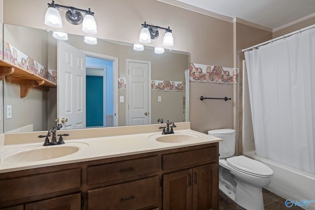 114 Butch Cir, Hazel Green, AL 35750 - full bath with double vanity, tile patterned floors, ornamental molding, and shower / tub combo with curtain