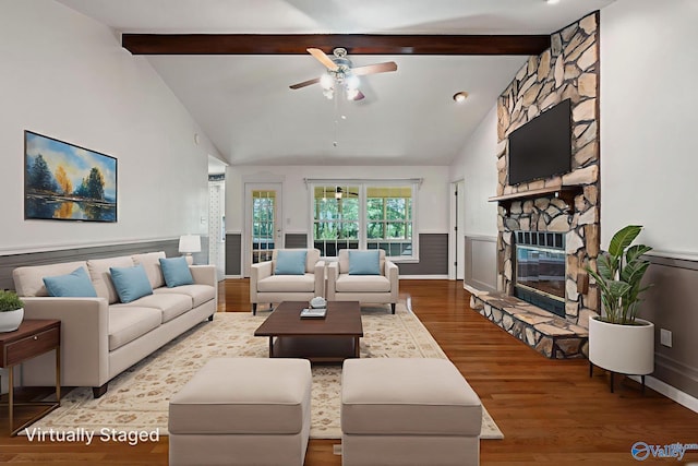 114 Butch Cir, Hazel Green, AL 35750 - living room with a ceiling fan, wainscoting, wood finished floors, and a fireplace