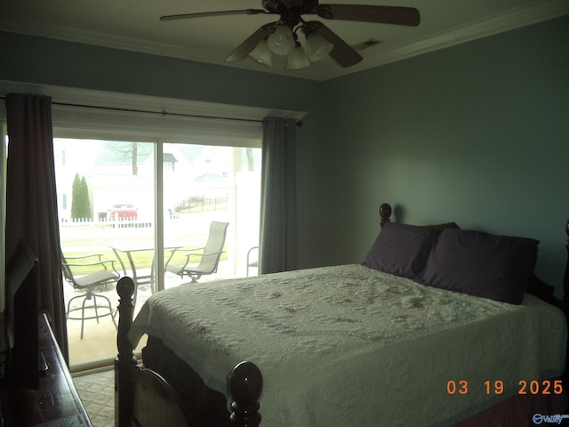 bedroom featuring visible vents, ornamental molding, a ceiling fan, and access to outside
