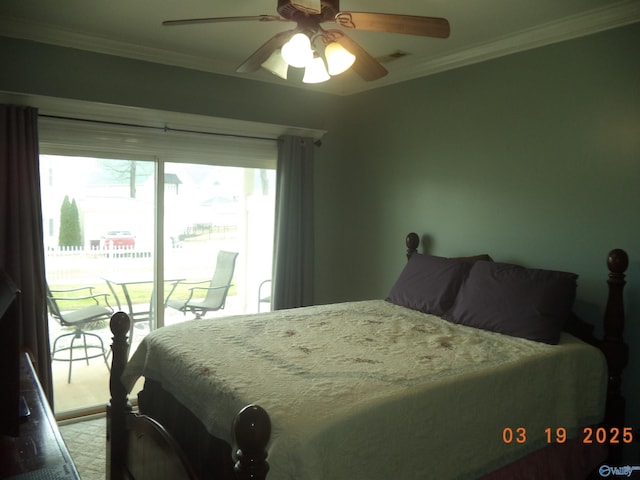 bedroom with visible vents, crown molding, a ceiling fan, and access to outside