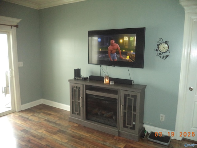 living area featuring baseboards, dark wood-style flooring, and crown molding