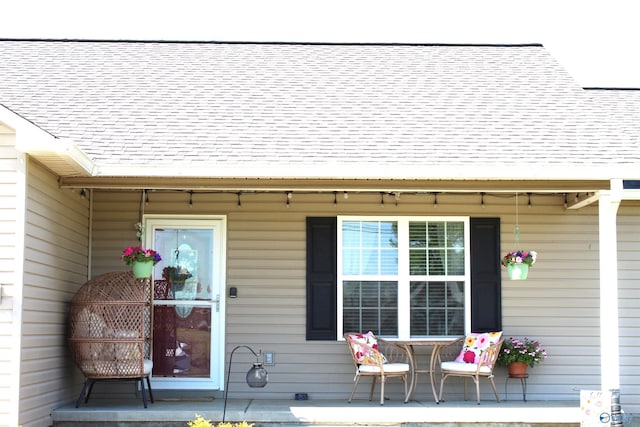property entrance with roof with shingles