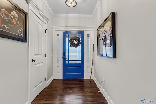 entryway with dark wood-style floors, baseboards, and crown molding