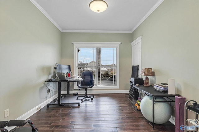 home office featuring dark wood-type flooring, ornamental molding, and baseboards