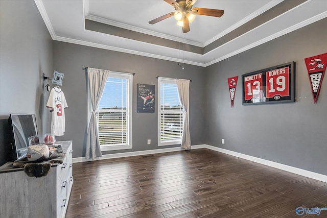 interior space featuring baseboards, a tray ceiling, and dark wood-type flooring