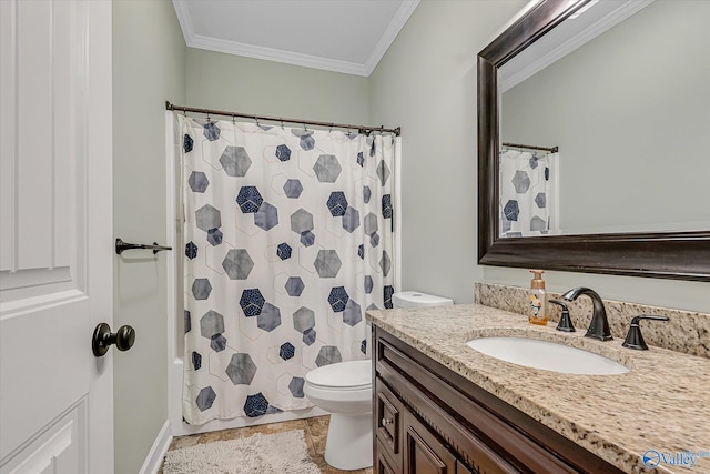 bathroom featuring toilet, ornamental molding, a shower with shower curtain, and vanity