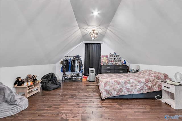 bedroom featuring dark wood-style floors and vaulted ceiling