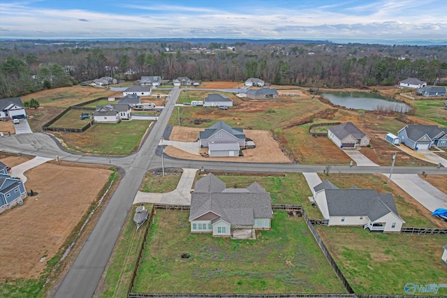 bird's eye view featuring a water view and a residential view