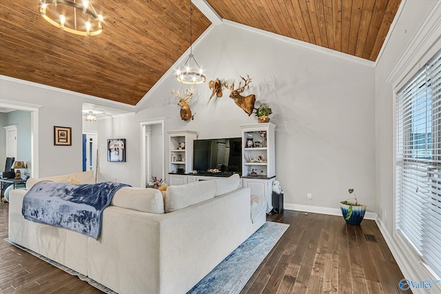 living room featuring dark wood-style floors, lofted ceiling, wood ceiling, and a notable chandelier