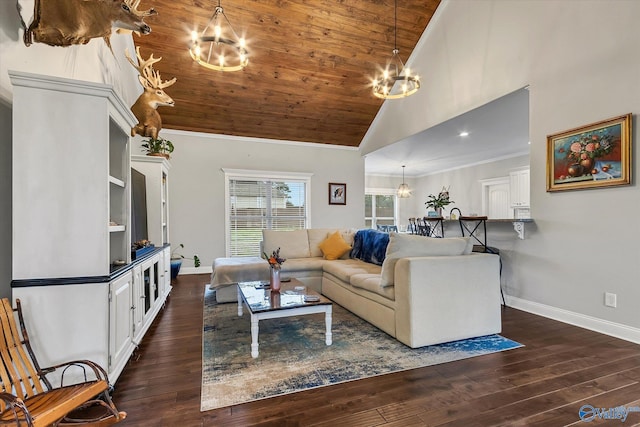 living room featuring high vaulted ceiling, dark wood-style flooring, and an inviting chandelier