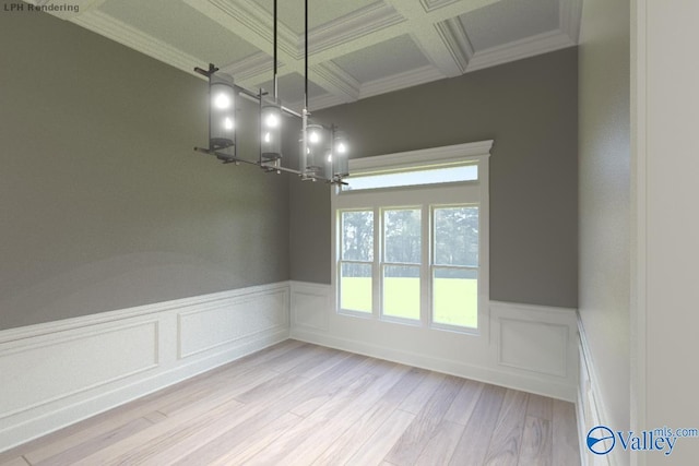 unfurnished dining area with beam ceiling, coffered ceiling, light hardwood / wood-style floors, a chandelier, and ornamental molding