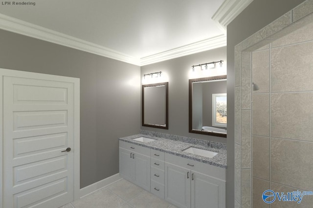 bathroom featuring tile patterned flooring, vanity, and ornamental molding