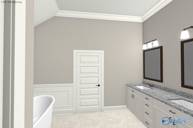 bathroom featuring vanity, crown molding, vaulted ceiling, tile patterned flooring, and a tub to relax in