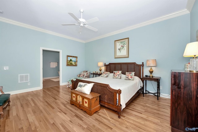 bedroom featuring ornamental molding, ceiling fan, and light hardwood / wood-style floors