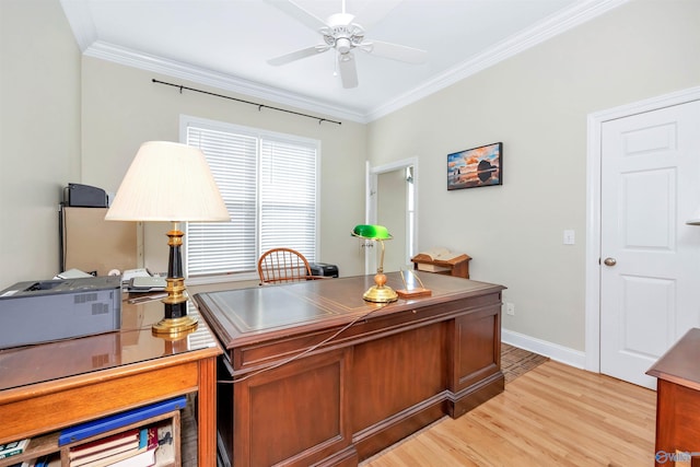 office space featuring crown molding, ceiling fan, and light hardwood / wood-style floors