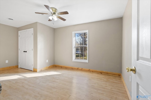 unfurnished room featuring light hardwood / wood-style floors and ceiling fan