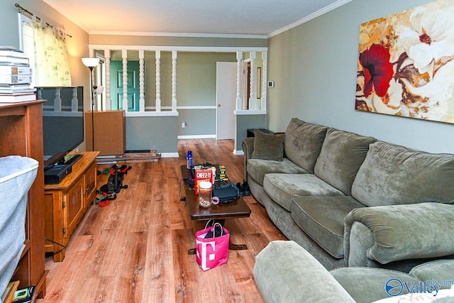 living room with hardwood / wood-style floors and ornamental molding