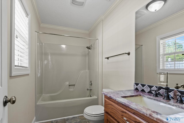 full bathroom featuring a textured ceiling, vanity, shower / washtub combination, toilet, and ornamental molding