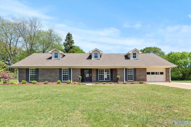 cape cod house featuring a front lawn, driveway, brick siding, and a garage