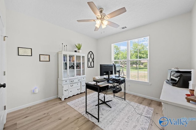 office area featuring ceiling fan and light hardwood / wood-style floors