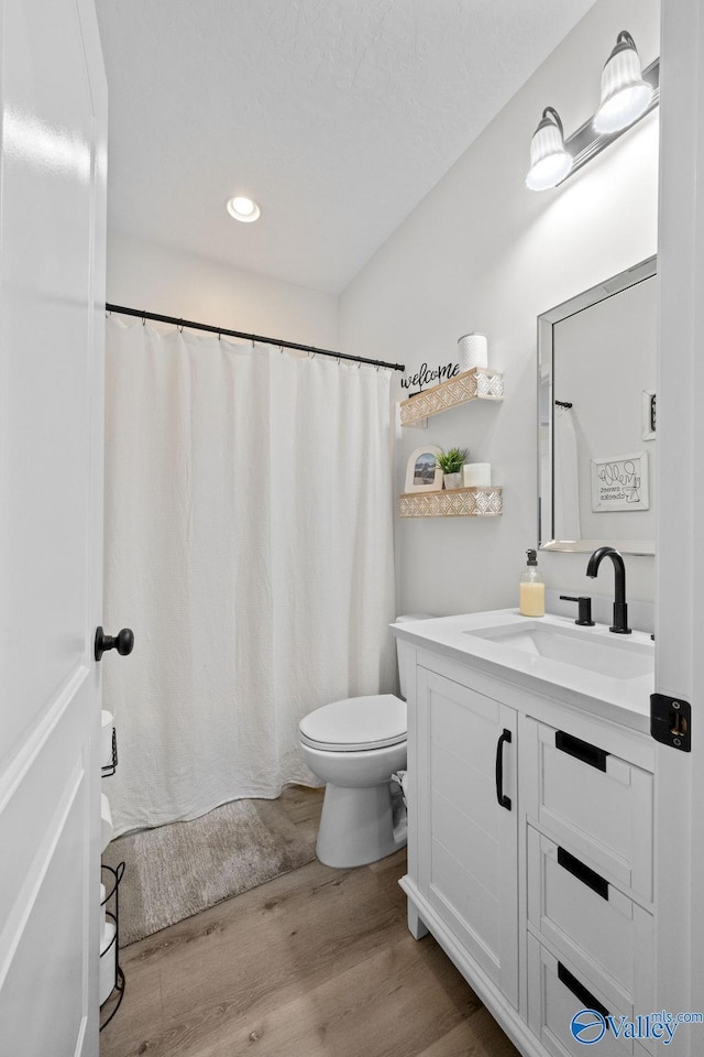 bathroom featuring hardwood / wood-style flooring, vanity, and toilet