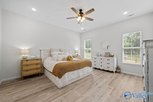 bedroom with ceiling fan and light wood-type flooring