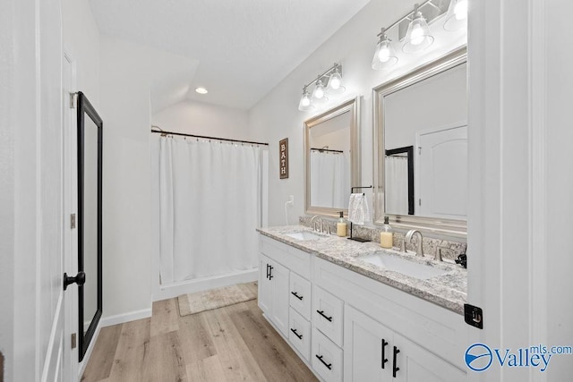 bathroom with wood-type flooring, vanity, and walk in shower