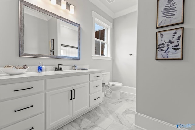 bathroom with tile patterned flooring, crown molding, toilet, and dual bowl vanity