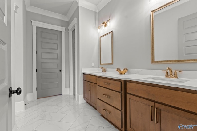 bathroom with double vanity, tile patterned flooring, and ornamental molding