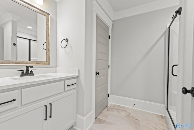 bathroom with vanity, tile patterned flooring, and walk in shower