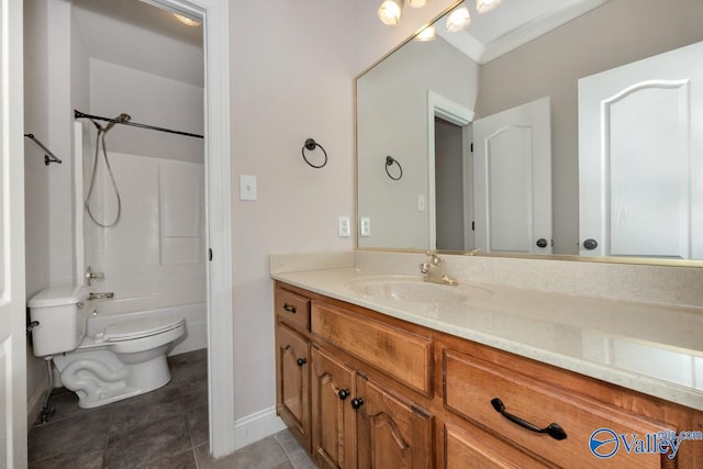 full bathroom featuring shower / bath combination, toilet, vanity, tile patterned floors, and ornamental molding