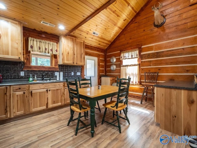 dining room with wooden ceiling, high vaulted ceiling, light wood-type flooring, and sink