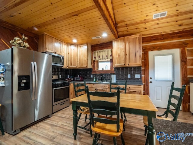 kitchen featuring wood ceiling, appliances with stainless steel finishes, tasteful backsplash, light hardwood / wood-style flooring, and light brown cabinets