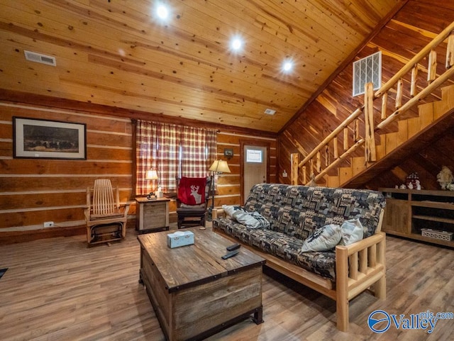 living room with wooden ceiling, wood walls, vaulted ceiling, and wood-type flooring