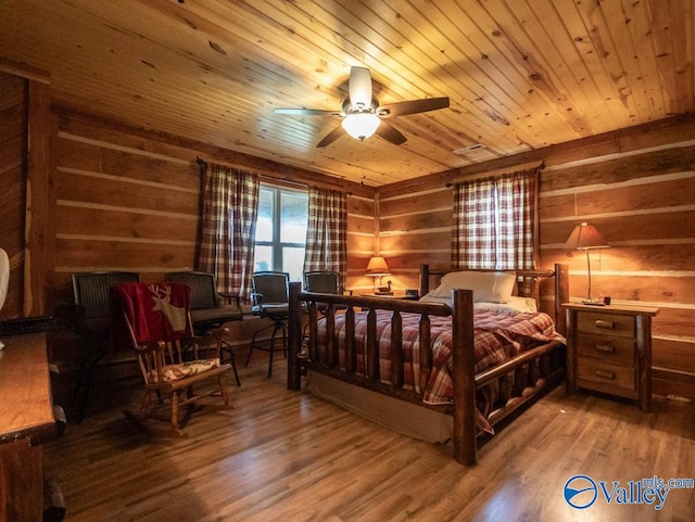 bedroom featuring ceiling fan, wooden ceiling, and hardwood / wood-style floors