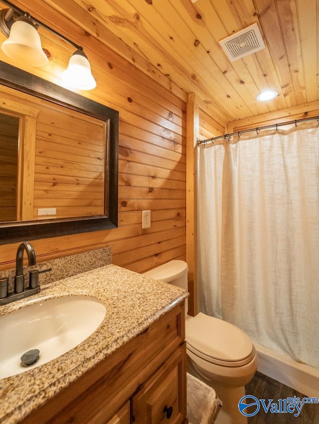 bathroom with vanity, wooden ceiling, wooden walls, and toilet