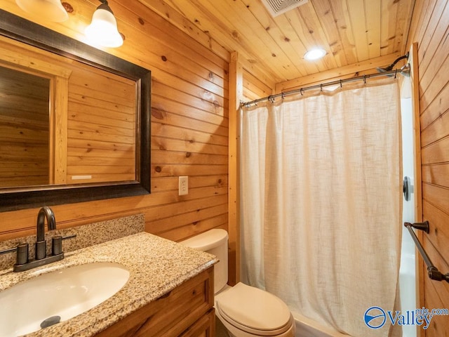 bathroom with wooden ceiling, vanity, wood walls, and toilet