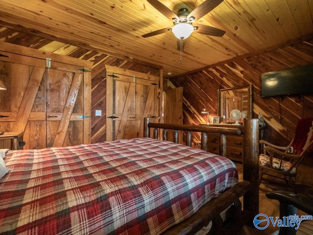 unfurnished bedroom featuring wooden ceiling, wooden walls, and ceiling fan