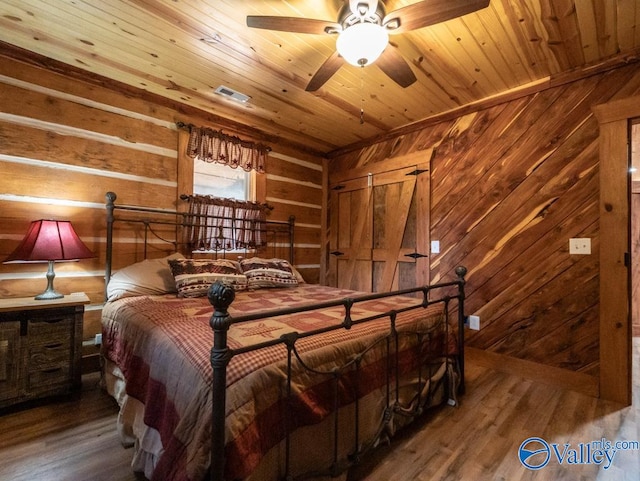 bedroom featuring hardwood / wood-style floors, wooden walls, ceiling fan, and wooden ceiling