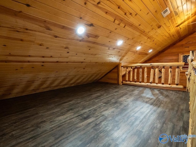 additional living space with lofted ceiling, dark wood-type flooring, wood ceiling, and wood walls