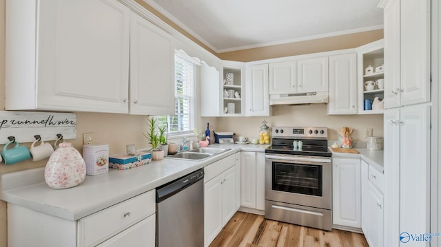 kitchen with under cabinet range hood, stainless steel appliances, open shelves, a sink, and white cabinetry