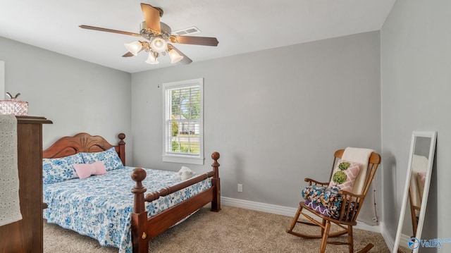 bedroom with baseboards, visible vents, carpet, and ceiling fan