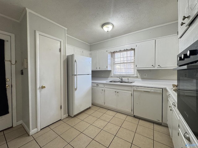 kitchen featuring sink, white cabinetry, crown molding, light tile patterned floors, and white appliances