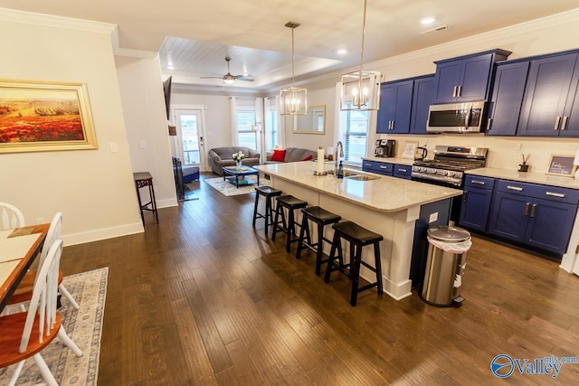 kitchen with stainless steel appliances, a wealth of natural light, a breakfast bar area, and dark hardwood / wood-style floors