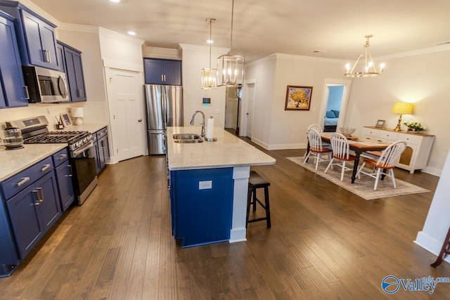 kitchen with pendant lighting, an island with sink, appliances with stainless steel finishes, and dark wood-type flooring