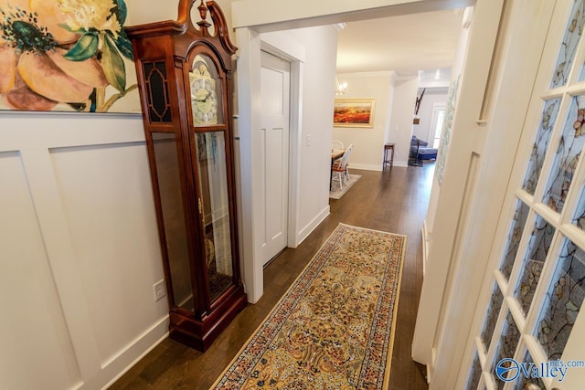 hall featuring dark hardwood / wood-style floors and crown molding