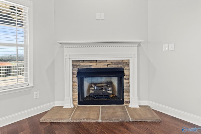 room details with a stone fireplace and wood-type flooring