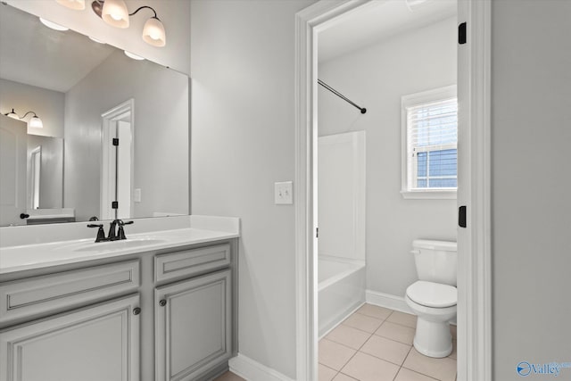 full bathroom featuring shower / tub combination, tile patterned flooring, vanity, and toilet