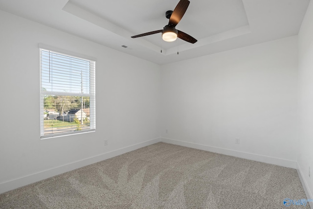 unfurnished room featuring a wealth of natural light, a tray ceiling, and carpet floors