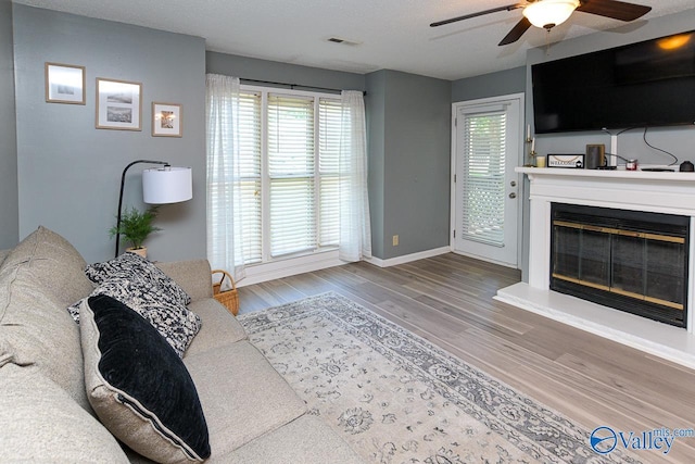 4967 Seven Pine Cir Unit 4967, Huntsville, AL 35816 - living area with ceiling fan, wood finished floors, baseboards, and a glass covered fireplace